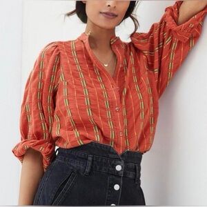 Anthropologie Pilcro Bella Femme Buttondown Stripe Embroidered Top Orange Sz M